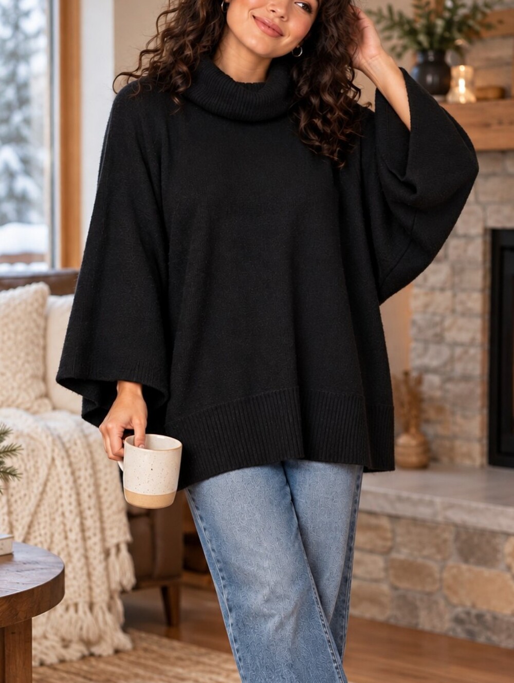 BCBGMAXAZRIA Black Cowl Neck Poncho Sweater Oversized Knit XL